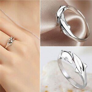 Adjustable Dolphin Open Ring Zircon Finger Diamante CZ Crystal for Women